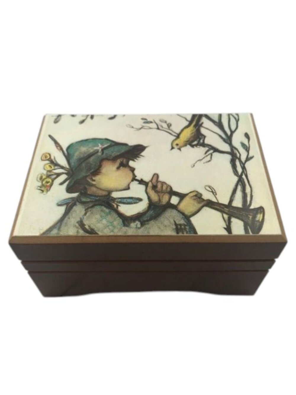 Vintage Reuge Swiss Music Box Boy Playing Horn for Bird Wood Footed Hinged